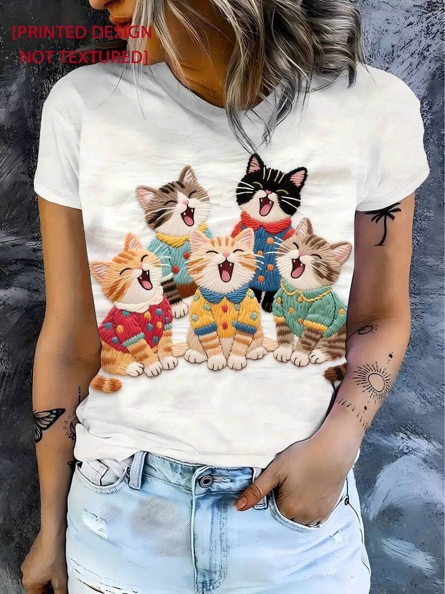 Camiseta manga corta cuello redondo 100% algodón, estampado trendy, tejido ligero y ventilado, estilo moda casual, apta para vida diaria, salidas informales y citas en primavera, verano y otoño - lechoso - Ver 1
