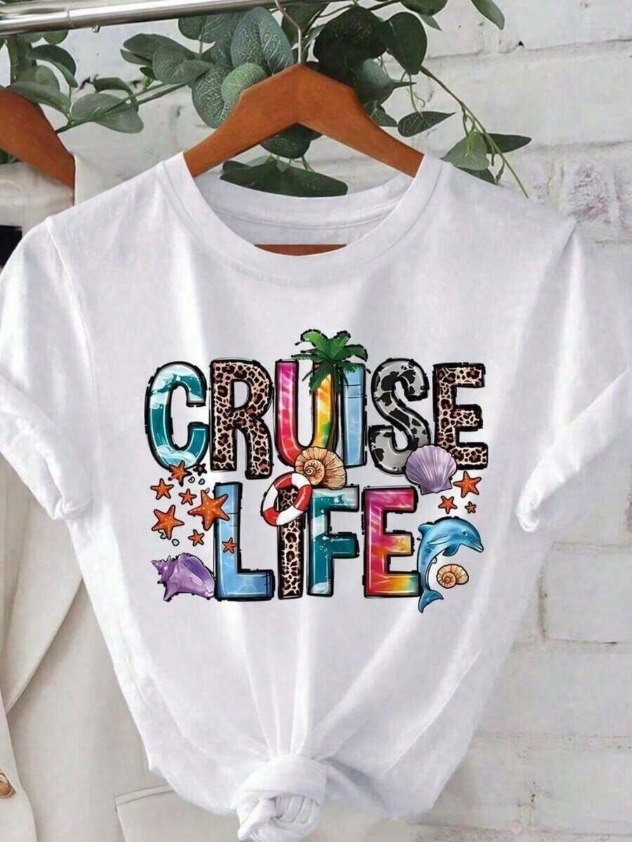 Women's Short-Sleeved T-Shirt With "CRUISE LIFE" Print Featuring Marine And Tropical Elements, Round Neck, Polyester Fabric, Ideal For Daily Wear, Vacations, Travel And Casual Outings, Tropical Style, Spring-Summer Season, National Shipping To Mexico. - 白色 - 查看 1