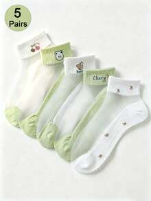 5 pares/10 pares de calcetines cortos de verano con diseño de oso de dibujos animados en verde, calcetines de barco finos, transpirables y antideslizantes de seda cristalina - Multicolor - Ver 6
