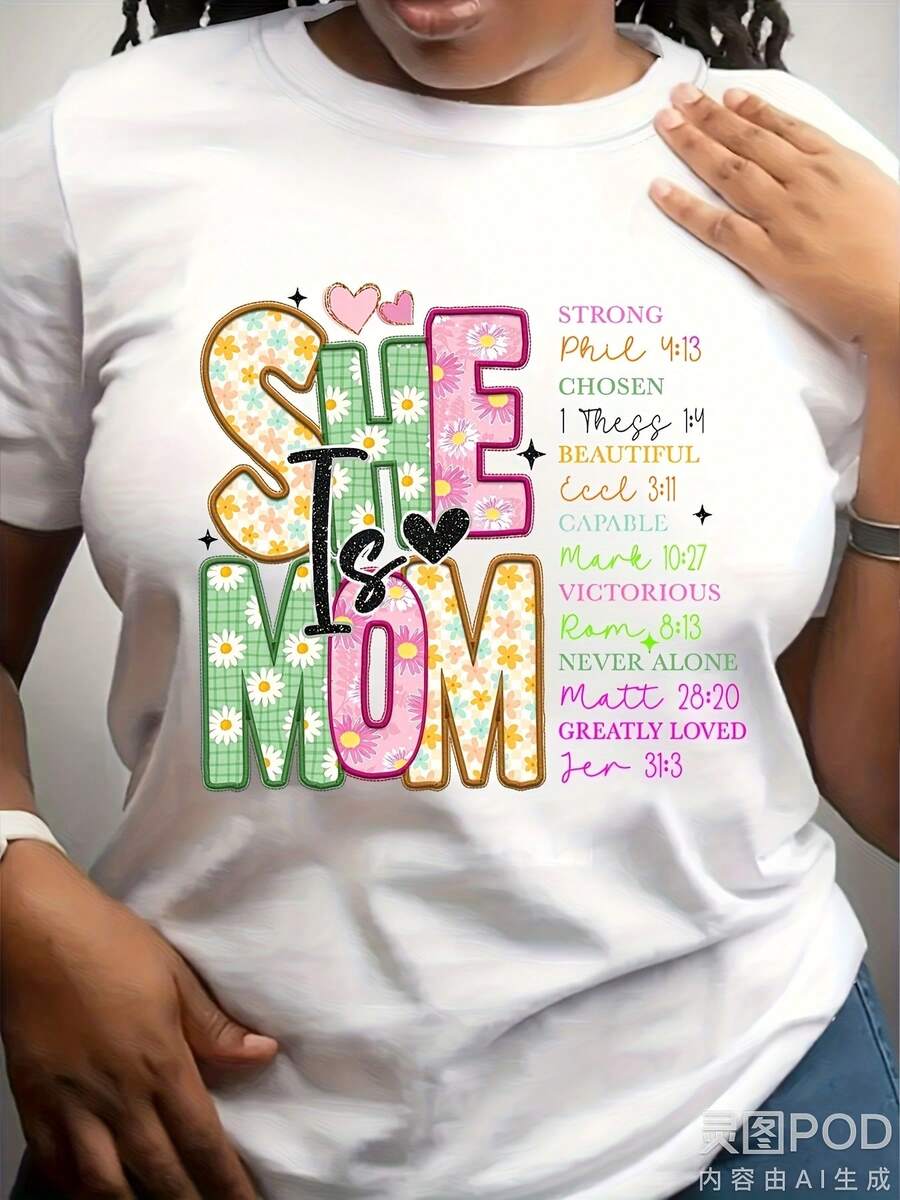 Women's T-Shirt With Bible Verse - "She Is A Strong, Chosen Mother, With Extraordinary Abilities, Never Lonely, Deeply Loved" With Verses From Philippians 4:13 And 43 - Casual Faith Garment With Short Sleeves And A Round Neck, 220g. - 白色 - 查看 1