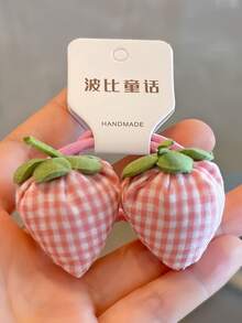 Bộ 2 chiếc dây buộc tóc scrunchie bông hình dâu tây, dây buộc tóc co giãn họa tiết kẻ caro, băng buộc tóc không đường may thủ công, phù hợp cho bé gái - Nhiều màu - Xem 8