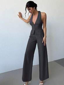 Set de 2 piezas: Elegante chaleco sin mangas de lino ligero con cuello en V y pantalones anchos de pierna plisada de cintura alta, conjunto casual de negocios para ir al trabajo, primavera/verano, graduación, atuendos de maestras, regreso a la escuela en otoño/invierno - Azul marino - Ver 8