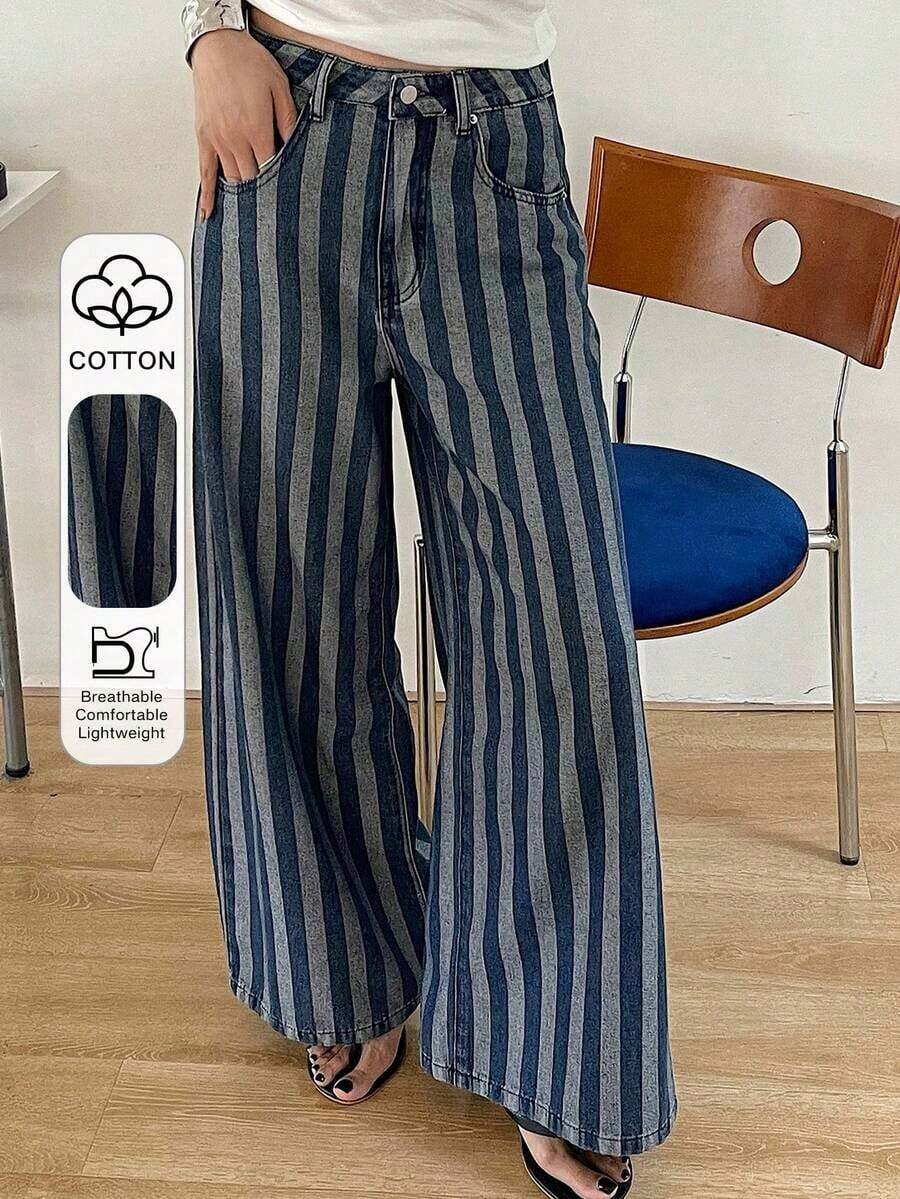 Jeans casuales de mujer de pierna ancha, unicolor, con bolsillo cargo suelto - Azul - Ver 1