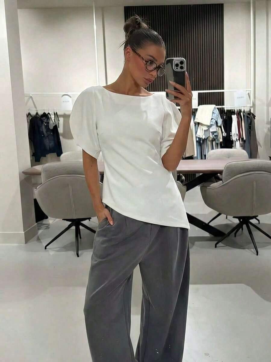 HH Blusa con mangas de pétalo y cintura ceñida, Vestido de fiesta de unicolor de manga corta y cuello redondo ajustado, Ropa de mujer asimétrica de verano - Blanco - Ver 1
