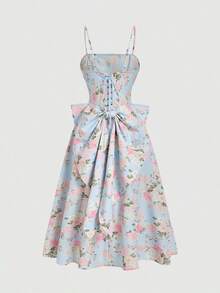 MOD Vestido de satén color albaricoque con lazo en la espalda y largo medio - Azul 2 - Ver 3