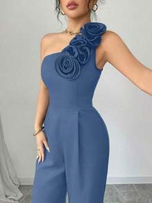Mono de mujer de unicolor con cuello asimétrico, sin mangas y con estampado floral 3D - Azul - Ver 3