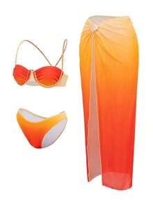 Swim  Conjunto de 3 piezas de traje de baño de mujer para vacaciones de verano, con falda de malla trenzada, estampado degradado y diseño informal - Naranja 2 - Ver 4