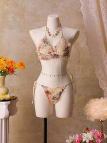Bellisia Conjunto de traje de baño glamuroso de 3 piezas para mujer: top triangular, top con tirantes finos y espalda descubierta, falda acampanada con volantes y lazo al frente, bikini de alta calidad para vacaciones - Multicolor 3 - Ver 5