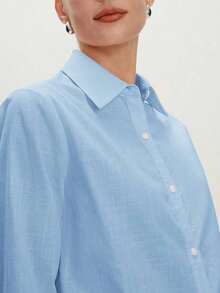 Camisa de manga larga con botones de estilo empresarial de hombro regular en color rosa, adecuada para el tránsito urbano, la oficina y el uso casual, primavera/verano - Azul - Ver 8
