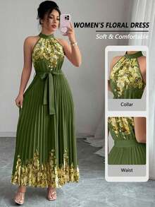 Vestido holgado de verano elegante con estampado floral y cuello halter para mujer - verde militar 2 - Ver 8