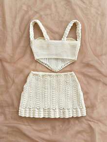 2 piezas Conjunto de top sin espalda de crochet y falda de cintura baja sexy para vacaciones, adecuado para festival de música, estilo bohemio, vacaciones, citas, té de la tarde - Blanco - Ver 2