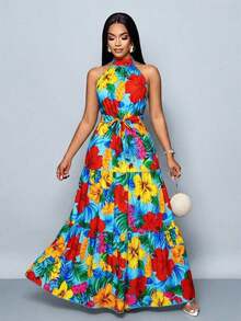 Vestido largo de mujer con estampado floral en todo el vestido, estilo halter con cinturón, fluido para vacaciones - Azul 2 - Ver 8