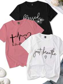 3 piezas Camiseta de manga corta rosa/morada/marrón, diseño de impresión de letras minimalista de moda, top casual de cuello redondo para mujer, verano - Multicolor - Ver 1