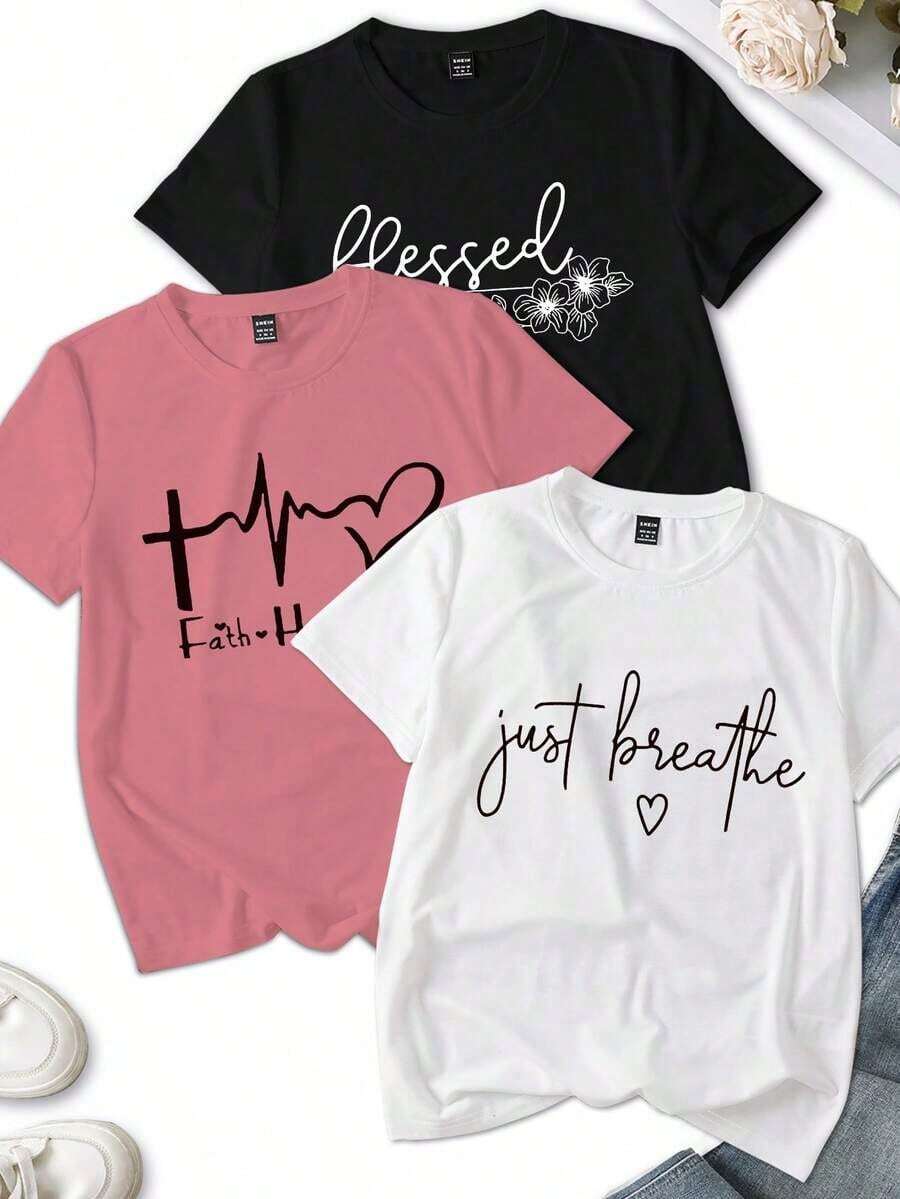 3 piezas Camiseta de manga corta rosa/morada/marrón, diseño de impresión de letras minimalista de moda, top casual de cuello redondo para mujer, verano - Multicolor - Ver 1