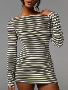 X Scot Louie  Vestido corto de manga larga con cuello de barco y estampado de rayas, informal para mujer - Albaricoque - Ver 5