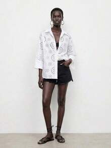 Maija Blusas blancas para mujer con botones y bordado calado, camisa casual con botones al frente - Blanco - Ver 5