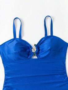 Swim Oasis Conjunto de 2 piezas talla grande para mujer con traje de baño de una pieza con escote bajo y tirantes finos de tela jacquard verde, talla grande falda y cubridor de playa - Azul - Ver 8