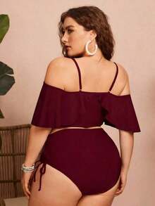 Swim Chiccia Conjunto de 2 piezas de bikini de talla grande para mujer de unicolor con tirantes de espagueti, hombros descubiertos, volantes y cordón - Elegante y estiloso para vacaciones informales - Burdeos - Ver 2