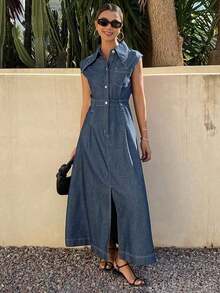 Vestido de mezclilla de unicolor con cuello y cintura ceñida sin mangas para mujer - Azul lavado oscuro - Ver 6