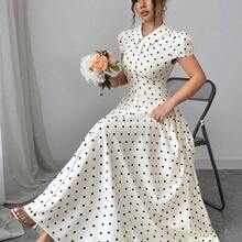Elenzya Women's Woven Polka Dot Print Fabric Turndown Collar Button Front Gathered Lantern Sleeve Waist Gathered A-Line Elegant Vintage Fashion Business Commute Outing Holiday Black & White Polka Dot Dress, Spring/Summer - Marron oscuro - Ver 5
