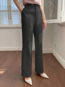 Pantalones casuales de mujer con bolsillo delantero liso, estilo casual de negocios, pantalones de vestir de mujer de talle bajo - Blanco - Ver 10