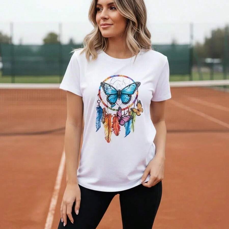 Camiseta para Mujer con Estampado de Letra "C" y Texto Dorado, Manga Corta - Blanco - Ver 1