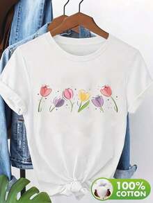 Camiseta Casual Básica 100% de manga corta con un estampado colorido de tulipanes, que presenta un estilo fresco y natural. Esta camiseta casual con diseño floral - Blanco - Ver 6