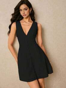 Vestido corto de mujer sin mangas de cuello en V profundo de unicolor minimalista - Blanco - Ver 9