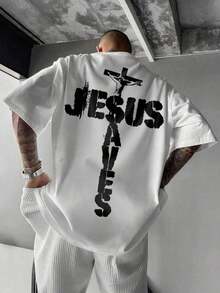 Camiseta Casual de Manga Corta para Hombre, Cuello Redondo Minimalista, con Estampado de Letras y Gráfico de Jesús, Blanca, Verano - Blanco - Ver 1