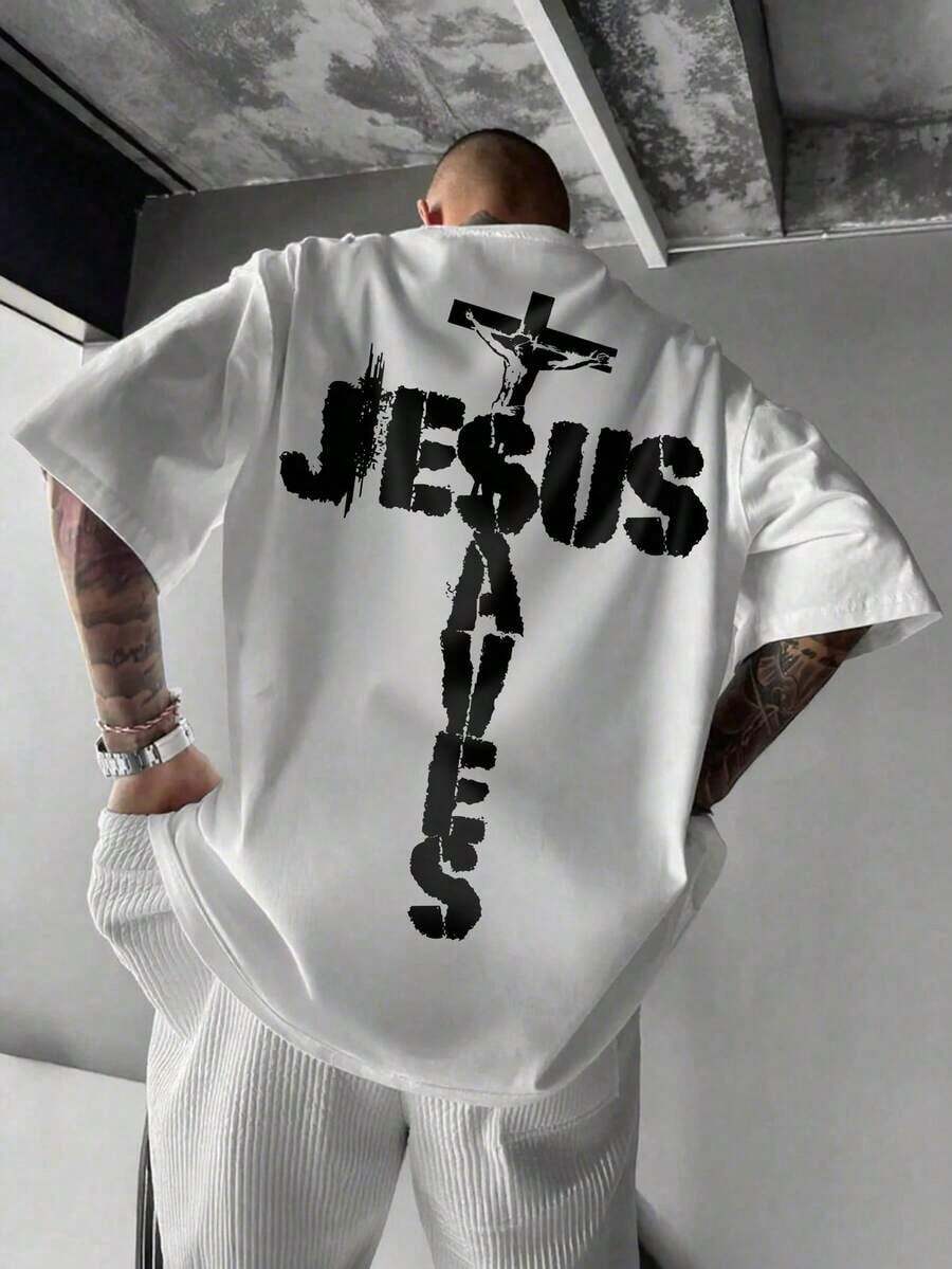 Camiseta Casual de Manga Corta para Hombre, Cuello Redondo Minimalista, con Estampado de Letras y Gráfico de Jesús, Blanca, Verano - Blanco - Ver 1