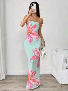 Vestido midi ajustado bandeau con estampado floral, estilo de vacaciones en la playa para mujer - Multicolor 3 - Ver 3