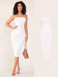 Vestido casual de cena ajustado sin tirantes y de silueta ceñida para mujer - Blanco - Ver 1