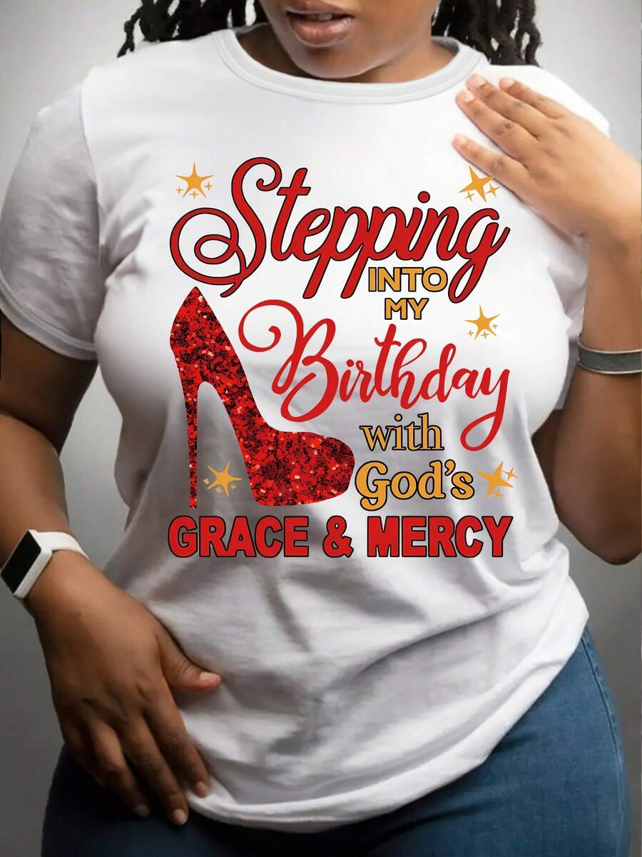 Camiseta Casual de Talla para Mujer, Estampado de Moda, Letras, Tacones Altos, Capa Base, Salidas Diarias - Blanco - Ver 1