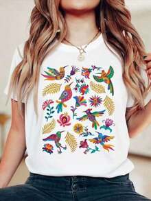 Camiseta de Mujer con Estampado Floral Retro de MEXICO - Cómoda y ligeramente elástica, perfecta para actividades al aire libre en verano. |   Ropa casual de calle |   Ropa de uso diario |   Estilo de cuello redondo, elegantes y lindas camisetas de moda para mujer, adecuadas para todas las estaciones, ropa casual de calle. |   crew neck t-shirt  Mujer camiseta estilo casual con estampado colorido, ajuste holgado, cuello redondo, manga corta, primavera-verano, ideal para ocasiones cotidianas, categoría de moda. - Blanco - Ver 6
