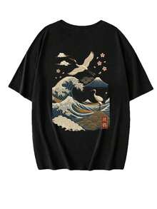 Nueva camiseta de verano de manga corta y cuello redondo, de estilo casual con estampado de olas y grullas japonesas, una blusa versátil y elegante para mujeres - Negro - Ver 2
