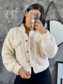 Teddy Coat With Buttons, Stylish Women's Winter Fashion Cardigan - trắng - Xem 5