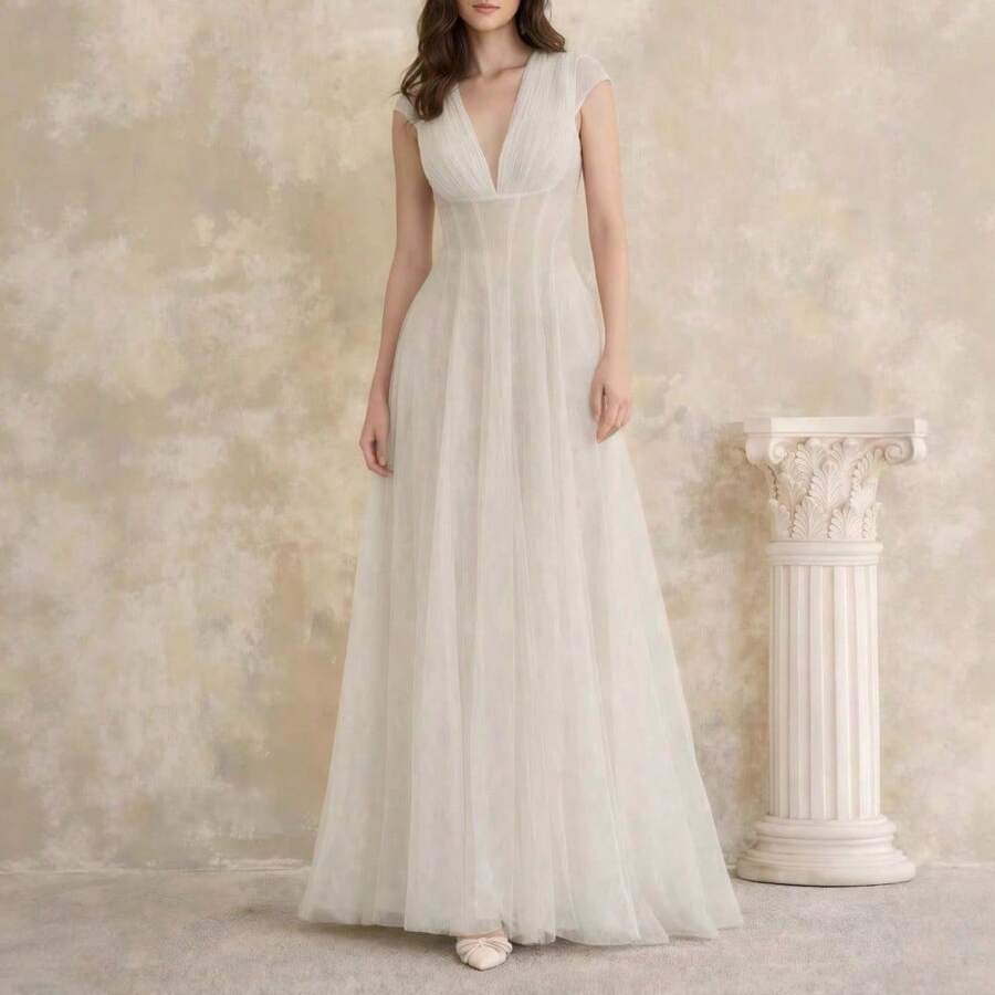 Vestido largo de mujer de moda en color sólido con cuello en V estilo té suave para primavera y otoño - Blanco - Ver 1