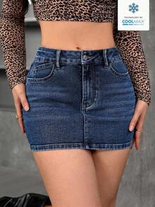 Falda lápiz de denim casual con bolsillos para mujer - Azul lavado oscuro - Ver 10