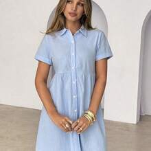 Women's Solid Color Single-Breasted Casual Party Outing Mini Dress,Summer Dresses For Women - Azul - Ver 5