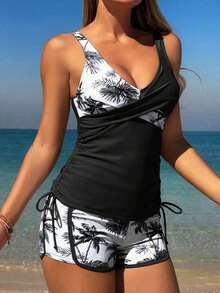 Traje de baño de mujer para vacaciones de primavera, estampado tropical de plantas, short estilo chico con camisilla incluida, bikini - Blanco y Negro - Ver 3