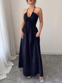 Vestido línea A con escote halter, cordones y espalda descubierta - Azul marino - Ver 6