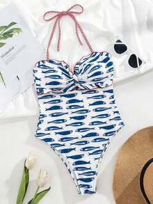 Swim Mod Ropa de playa de moda y linda para mujer, traje de baño de una pieza con volantes halter de tela especial a cuadros, adecuado para resort, fiesta, yate, primavera/verano - Multicolor 4 - Ver 3