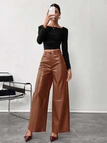 Pantalones de piel lisos con botón delantero, pantalones casuales minimalistas para mujer, para uso diario, prendas inferiores para mujer - Marrón - Ver 7