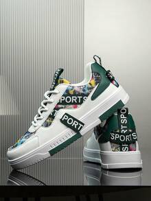 Men's Multi-Color Random Print Patchwork Lace-Up Casual Sneakers, Niche Letter Ribbon Design Everyday Commute Sports Skateboard Shoes - White and green - View 6