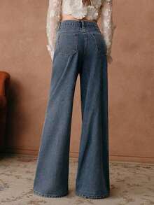 Pantalones vaqueros anchos de talle alto, elegantes, con bordados y calados para mujer, adecuados para primavera y fiestas del Día de San Valentín - Azul - Ver 4