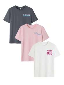 Conjunto de 3 camisetas de manga corta con cuello redondo para mujer, estampadas con letras coloridas, paisajes marinos, tortugas, cangrejos, conchas y medusas, versátiles para vacaciones y ocio, primavera.|Moda Urbana Local de Primavera/Verano||Uso Casual Diario Primavera Verano Moderno Moldeador|Conjunto de verano para mujer, ropa de vacaciones|Blusas elegantes para mujer, ropa de primavera, blusas de verano. - Negro - Ver 7