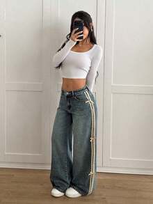 PETITE Jeans de pierna ancha de cintura baja con bloque de color lavado, decoración de lazo para mujer, jeans de mezclilla de lavado oscuro de invierno, vintage, streetwear, para fiesta de Año Nuevo - Azul lavado oscuro - Ver 5