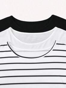 Conjunto de tres piezas para mujer con camiseta de manga murciélago de cuello redondo y unicolor y rayas - Multicolor - Ver 5