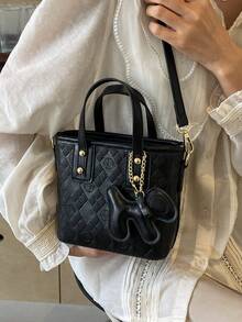 Faux Leather Solid Color Mini Bucket Bag, Versatile Casual Handbag & Shoulder Bag - Black - View 6