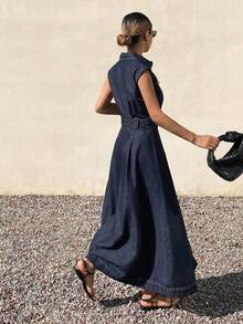 Vestido de mezclilla de unicolor con cuello y cintura ceñida sin mangas para mujer - Azul - Ver 2